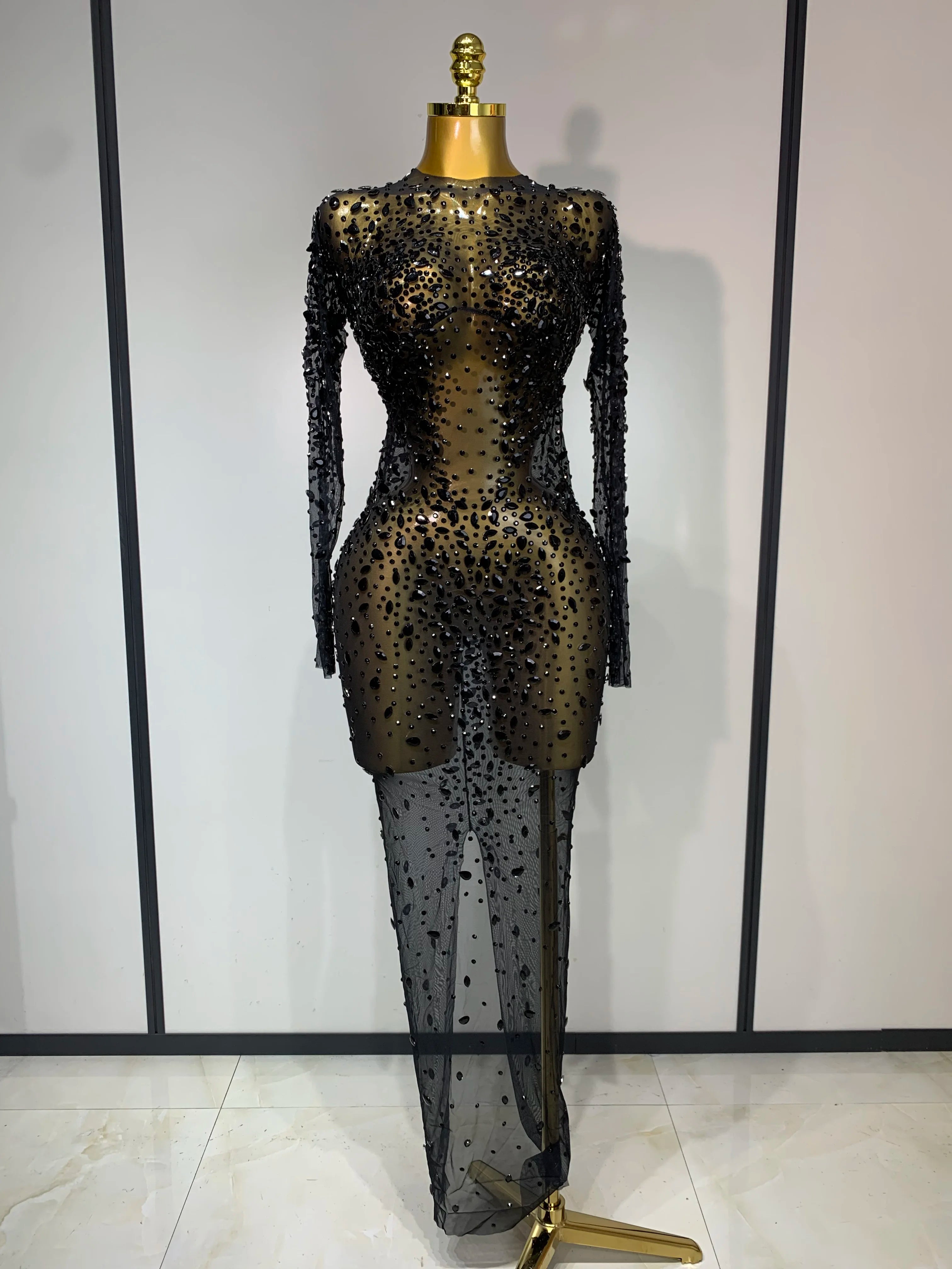 Women Sexy Long Sleeve Bodycon Dress Luxury Birthday Evening Party Glitter Rhinestones Mesh See Through Prom Gown Stage Outfit