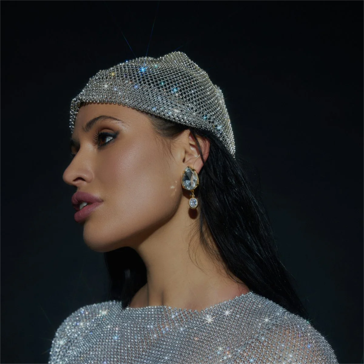 Fishnet Diamond Luxury Cap for Women, Shiny Women's Hat, Rhinestone Kerchief, Hip Hop Headwear, Nightclub Party, Fashion Beanies