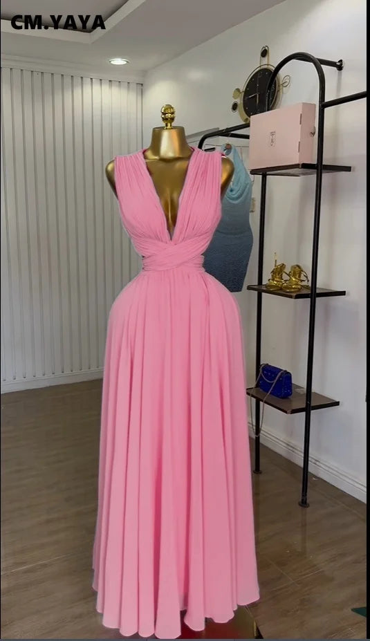 CM.YAYA Women Sleeveless Cutout Back Wrap V-neck Pleated A-line Chiffon Maxi Long Dress Birthday Vacation Sexy Party Dresses