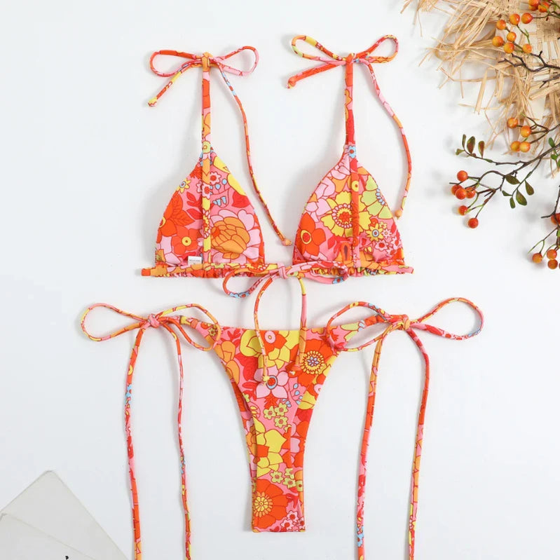 Sexy Flower Print Bikini 3 Women Swimsuit Female Swimwear Thong Bikinis Set Brazilian Halter Beach Wear Bathing Suit