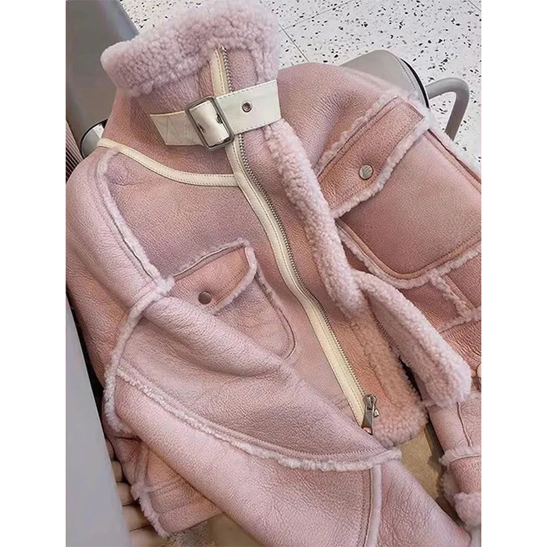 Streetwear Faux Fur Jacket Women Cropped Suede Leather Lamb Wool Coat Sweet Korean Motorcycle Stand Collar Fleece Short Outwear