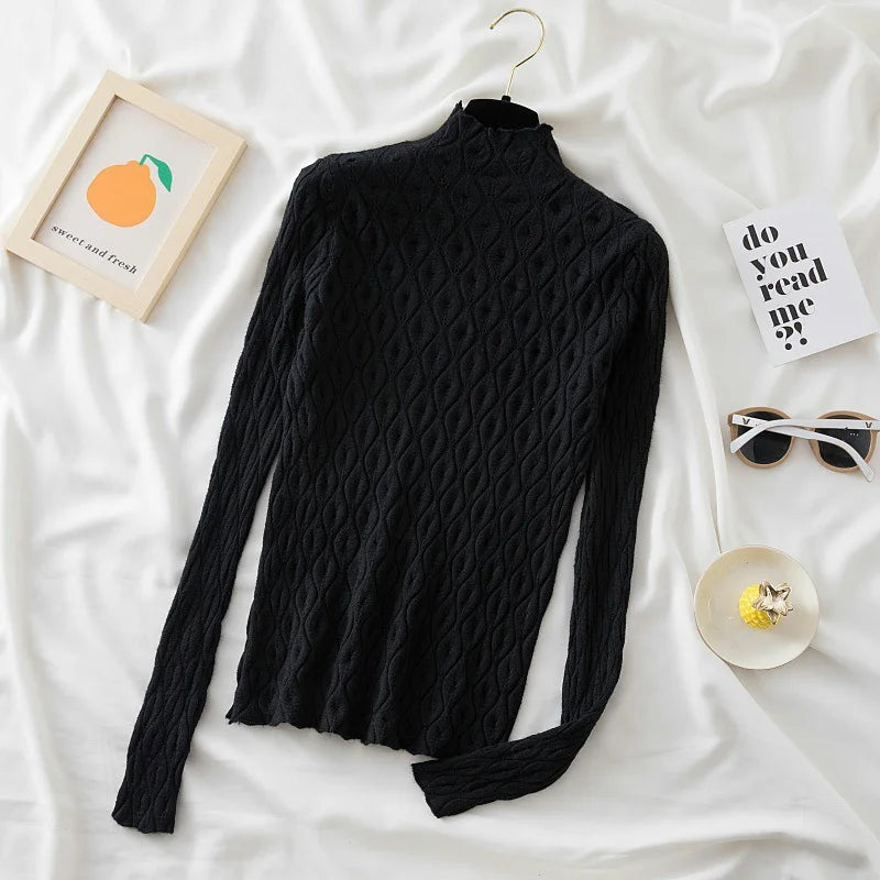 Cashmere Turtleneck Women Sweaters Slim Tops Autumn Winter Warm Pullover Office Lady Knitted T-shirts Jumper Soft Pull Female 50416 black One Size