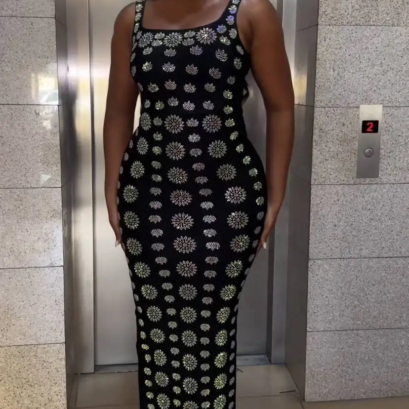 Shinning Rhinestones Women Sleeveless Sexy O-Neck Bodycon Long Bandage Dress Fashion Celebrate Evening Party Cocktail Dress