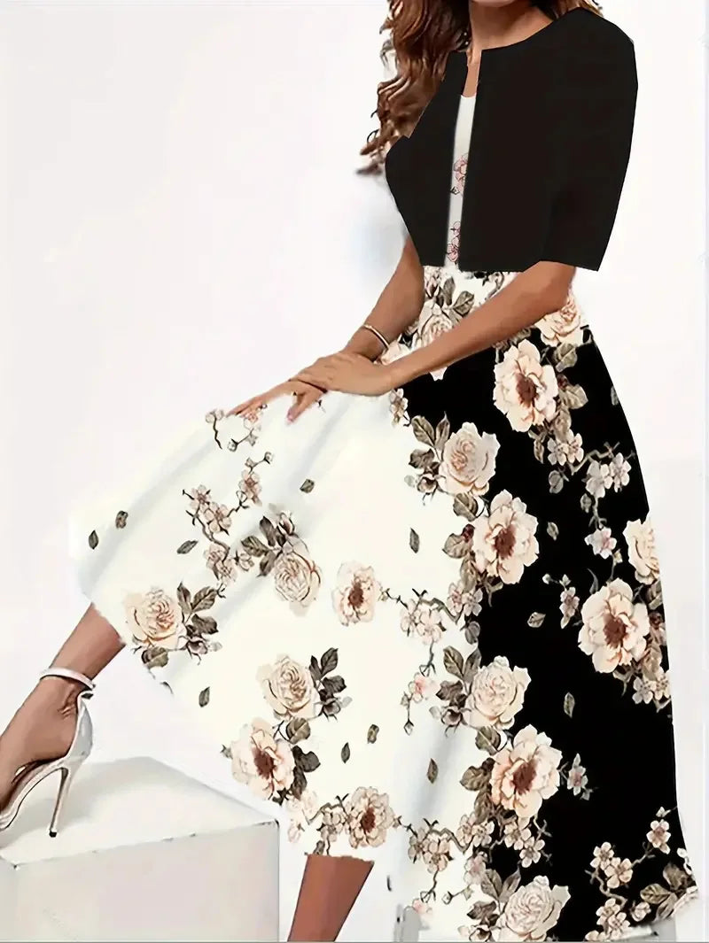 Été 2024 ! Ensemble 2 robes longues pour femme, couleurs EU-US : robe ras du cou à imprimé floral et herbe et manteau court en mousseline.