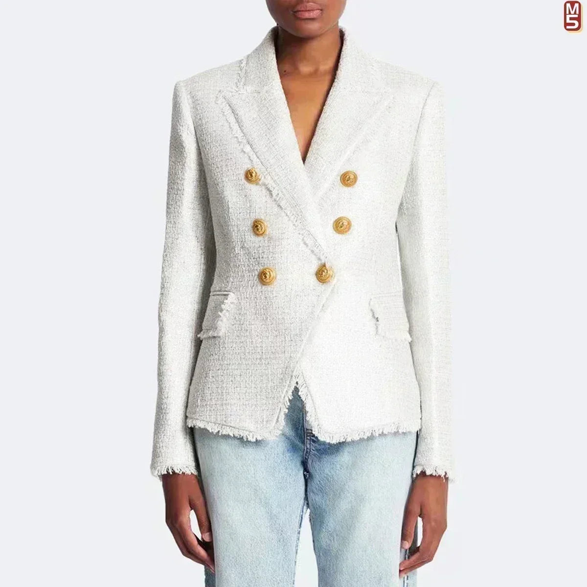 Veste de costume pour femme en tweed à la mode et élégante avec boutons dorés à bord pompon, design de haute qualité - noir et blanc 