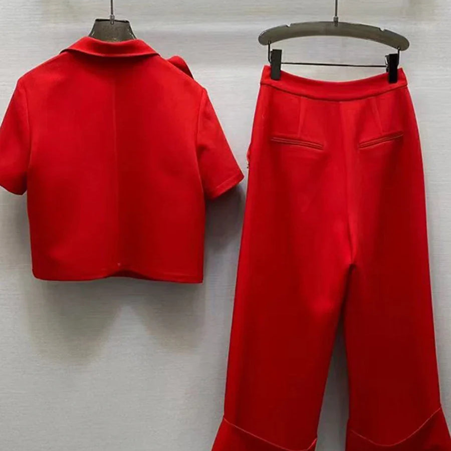 Solid Elegant Two Piece Sets for Women Lapel Short Sleeve Spliced 3D Flower Top High Waist Wide Leg Pant Set Female