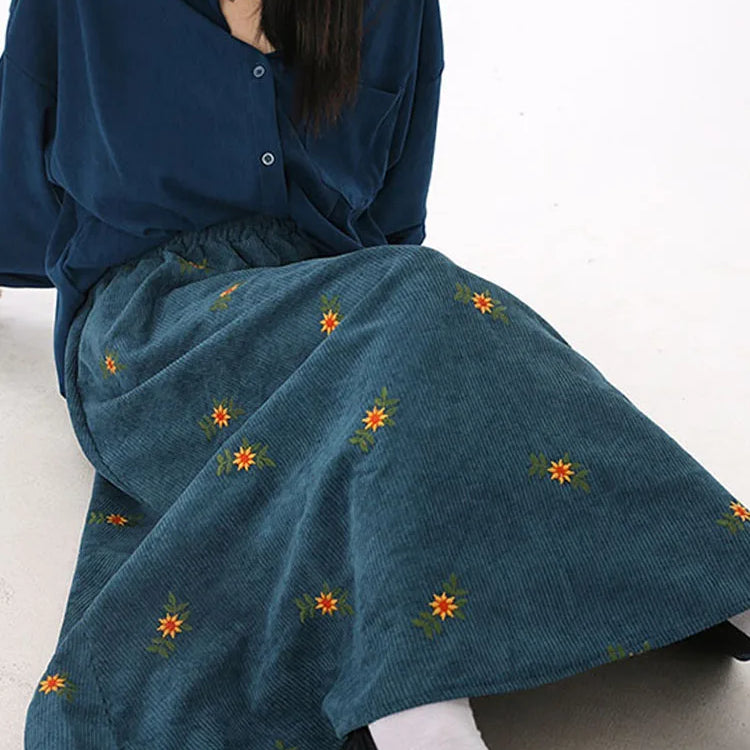 Korean Style High Waist Corduroy Embroidery Long Skirt Women Autumn Winter Loose Floral A-line Skirt Casual Retro Skirt Elegant No pockets One Size