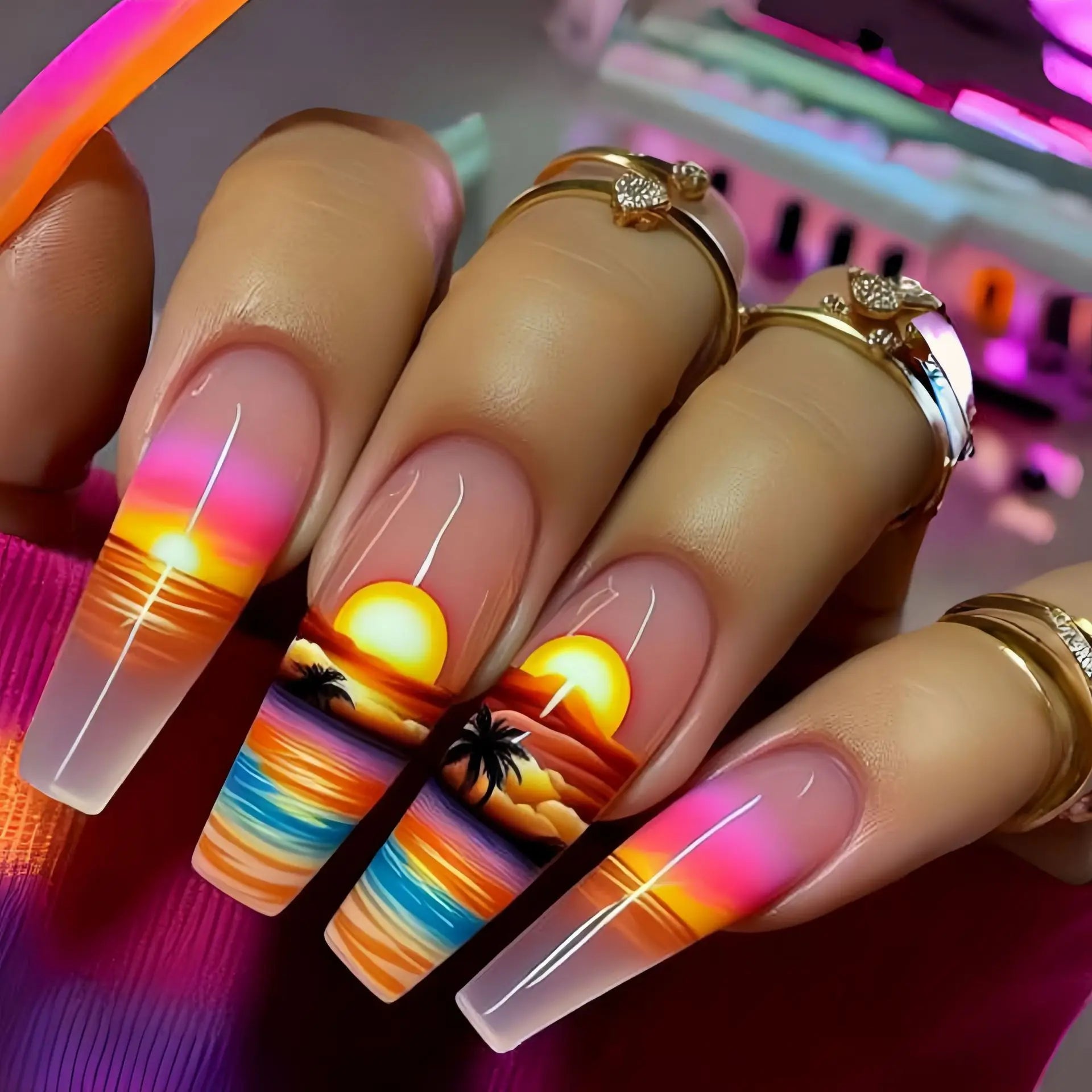 24pcs/set Medium long fake nails Gradient blue ocean fish sun flowers butterfly square ballet summer tips press on false nail