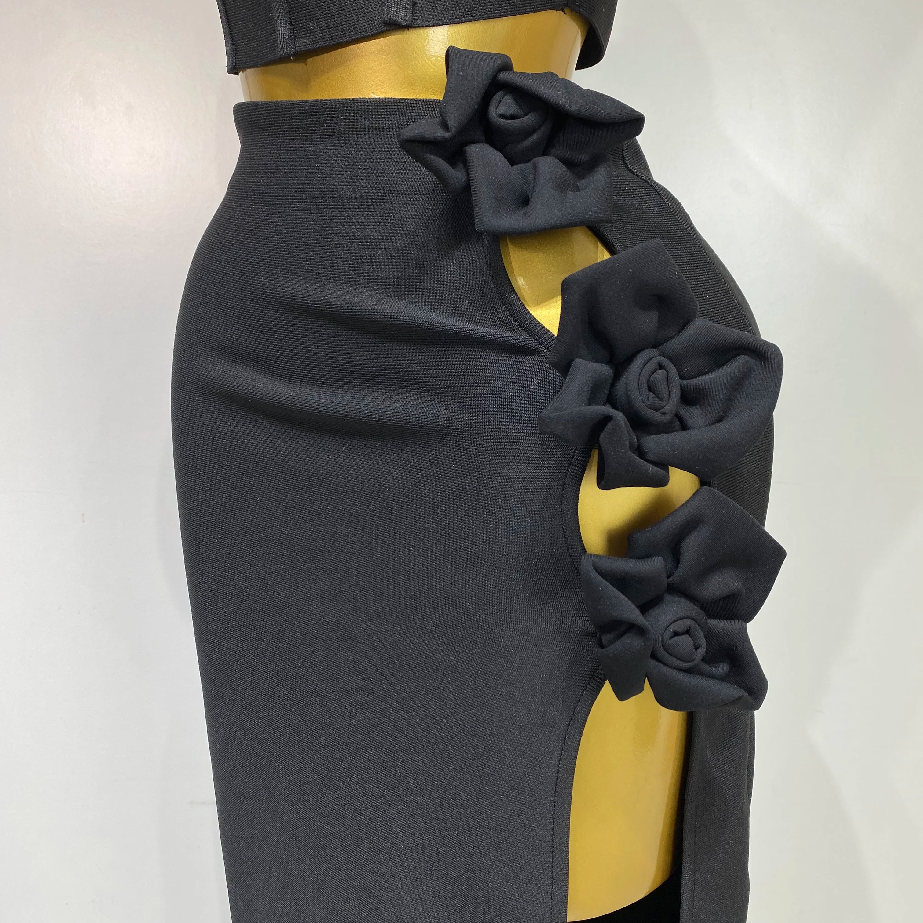 Summer New 2025 Women Sexy Flower Black Red Bandage Two Piece Set Celebrity Evening Party Skirt Suits Luxury Birthday Outfit