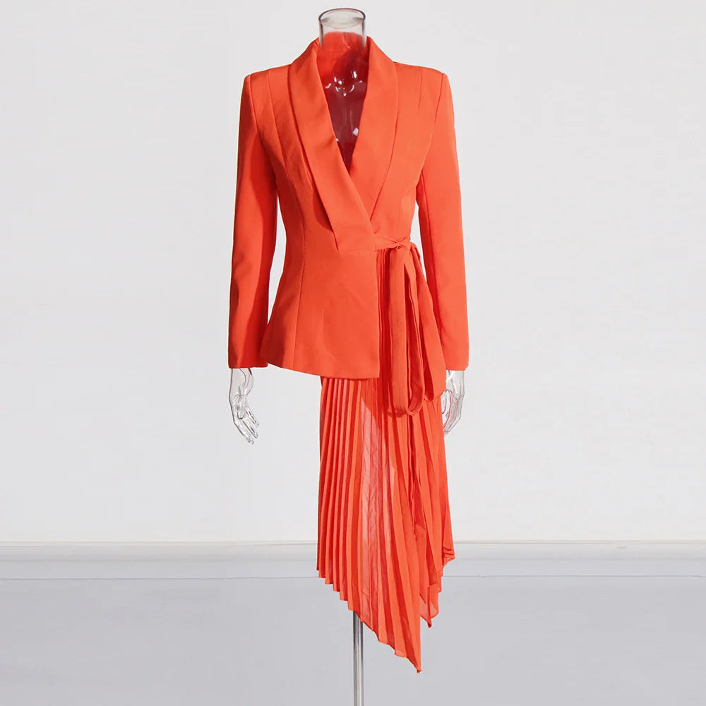 Solid Spliced Folds Blazers For Women V Neck Long Sleeve Patchwork Lace Up Irregular Chic Blazer Female Fashion New