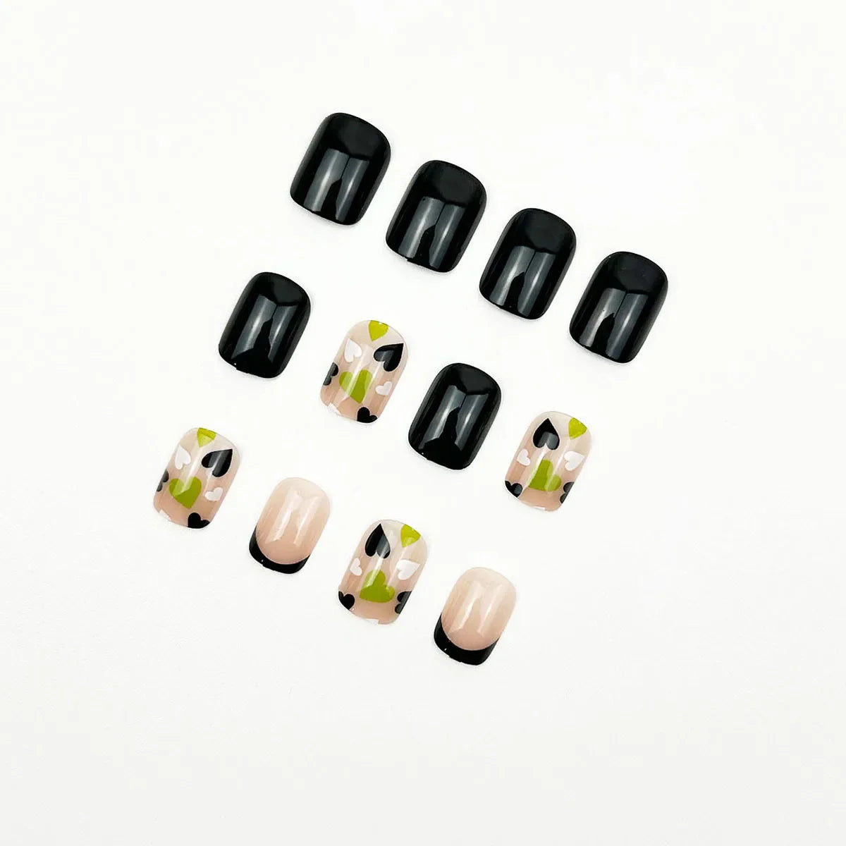 Short Square Fake Nails 24Pcs Nude Color Press On Nails Colorful Love Heart Printed Women Girls Valentine's Day Charm Manicure
