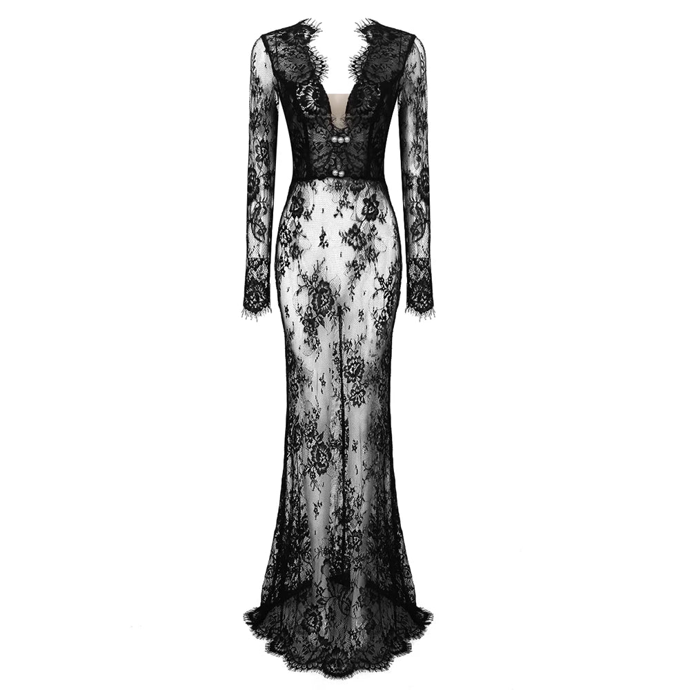 VC Black Long Dresses For Women Sexy V Neck Long Sleeve Lace Evening Maxi Gown Fashion Summer Dresses 2024