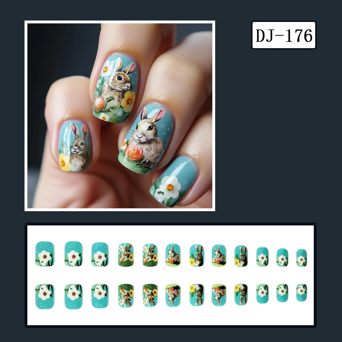 24pcs Easter Cute Rabbit Press On Nails Spring Daisy Flower Design Fake Nail Tips for Girl Women Wearable Short Cute False Nails