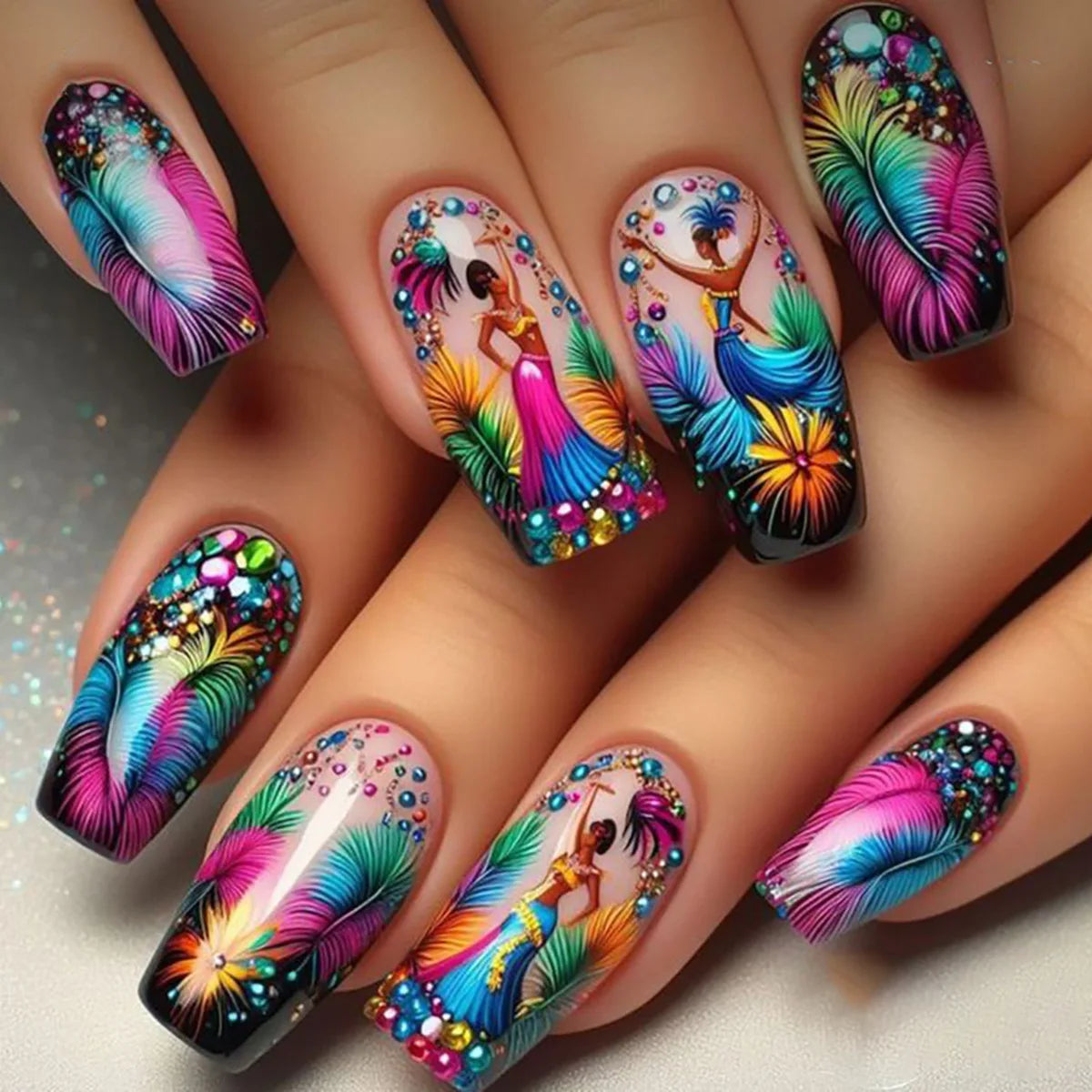 24pcs/set Short Medium long fake nails for women girls Spring summer flowers butterfly flamingo blue pink press on false nails