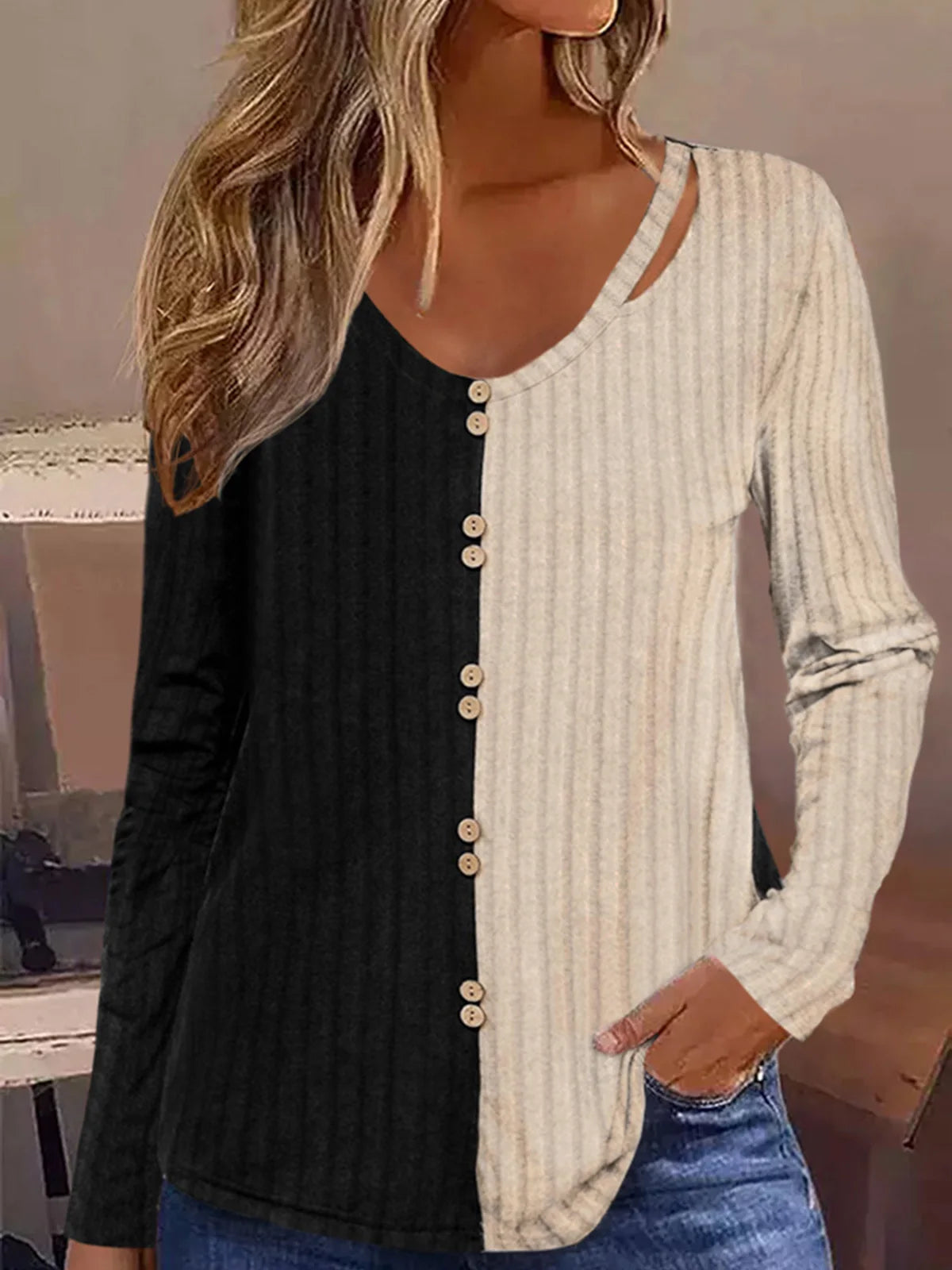 Color-Blocked Ribbed Button Hollow Out Blouse Elegant Women Casual Long Sleeve Loose Fashion Comfy Autumn Commuter Tops MULTI