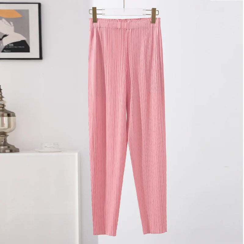 LANMREM Pleated Solid Color Harem Pants Women Pocket Elastic High Waist Female Fashion Ankle-length Trousers Summer 2I576 Pink One Size