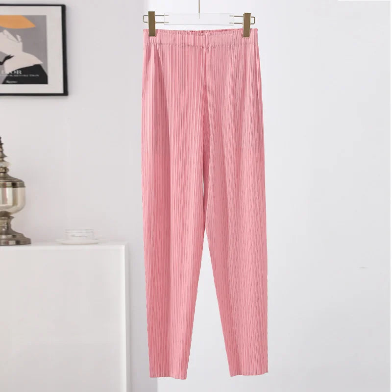 LANMREM Pleated Solid Color Harem Pants Women Pocket Elastic High Waist Female Fashion Ankle-length Trousers Summer 2I576 Pink One Size