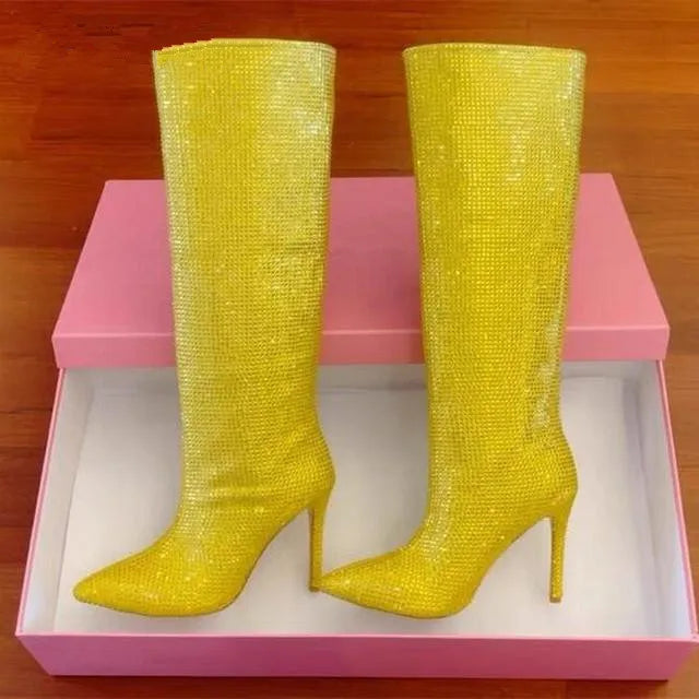 Rhinestone Women's High Boots Pointed Toe Slip-on Long Boots Women Boots High Heels Sexy Stiletto Ladies Party Shoes