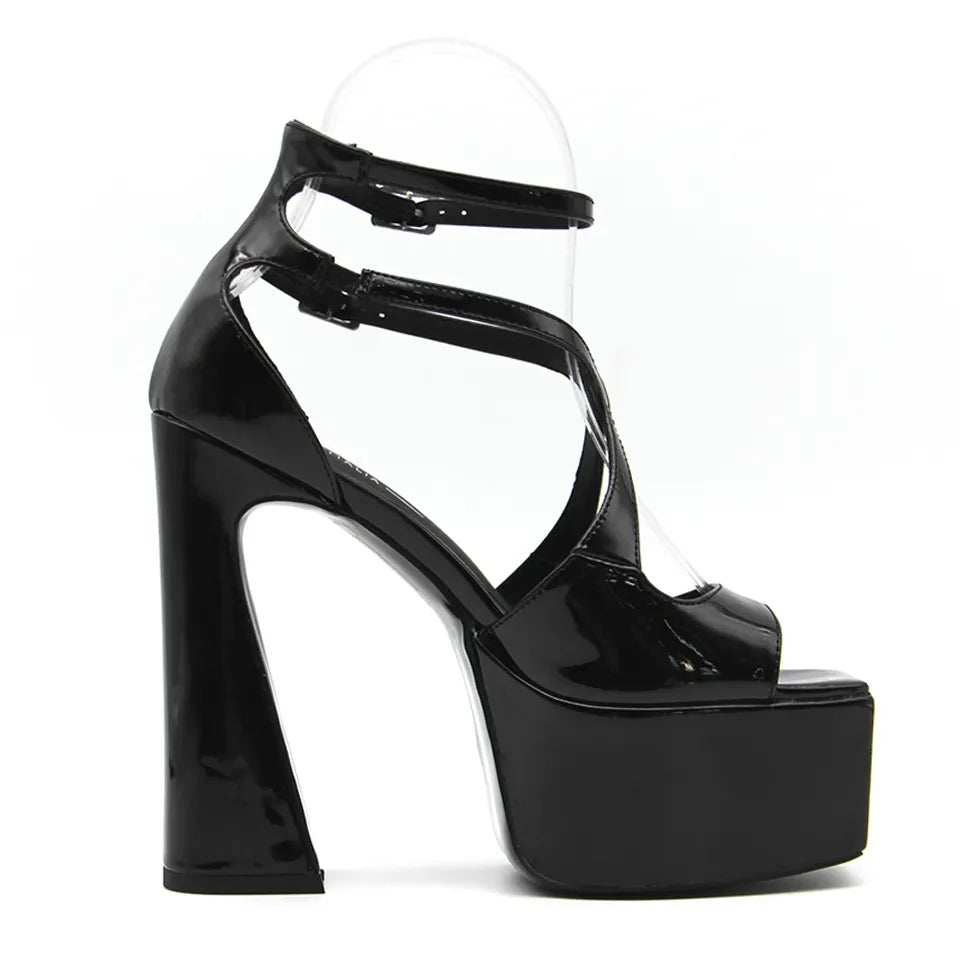 Women color patent leather sandals thick wedge block high heel lady sexy party luxury shoes black patent pu