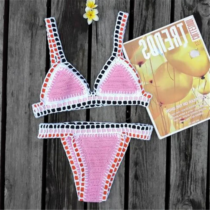 Sexy Crochet Bikinis Set Women Handmade Beading Tassel Knitting Bathing Suit Swimsuit 2021 New Micro Swimwear Summer Beachwear 33 Cotton
