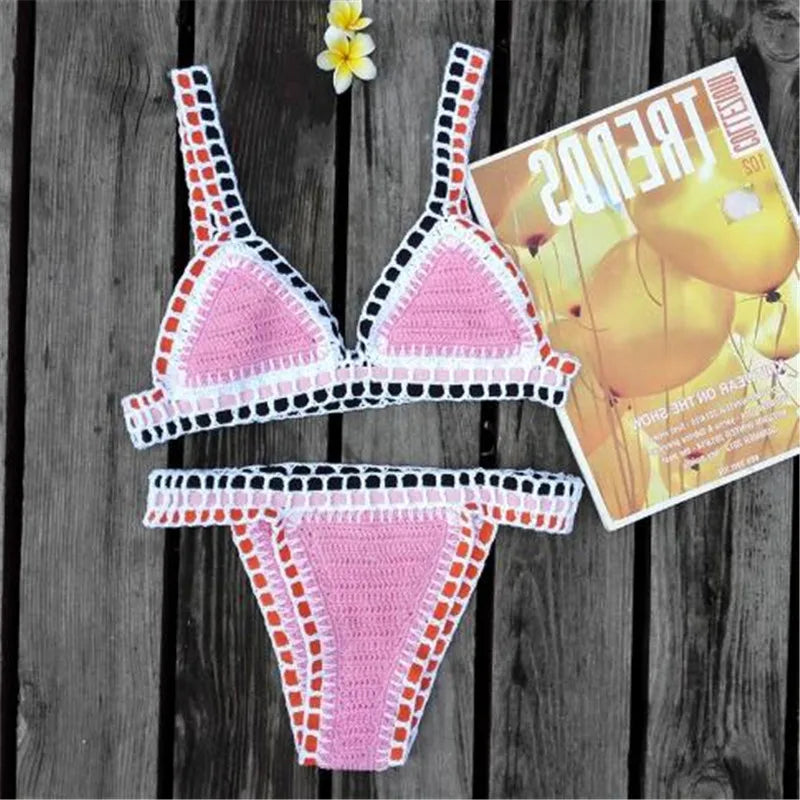 Sexy Crochet Bikinis Set Women Handmade Beading Tassel Knitting Bathing Suit Swimsuit 2021 New Micro Swimwear Summer Beachwear 33 Cotton