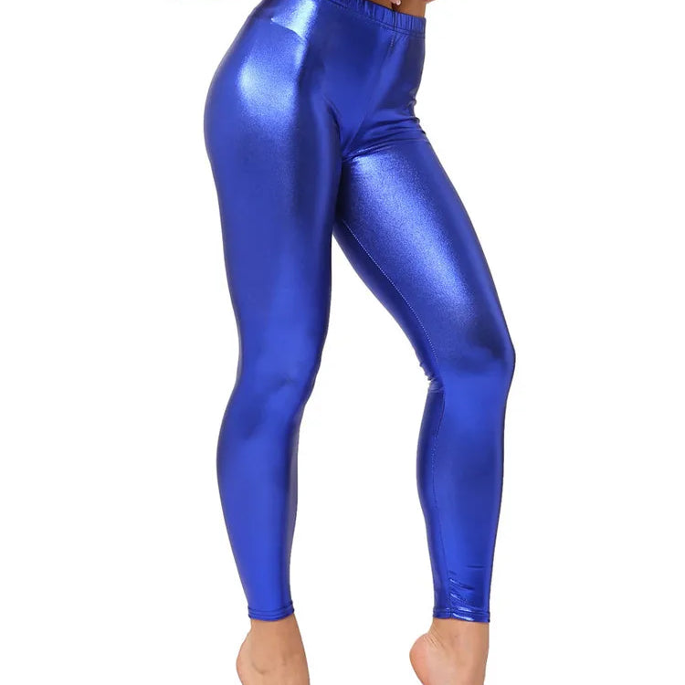 Pink Leggings For Women Metallic Shiny Black Pants Elastic Waist Stretch Fitness Mujer Gym Golden Silve Red Blue Trousers