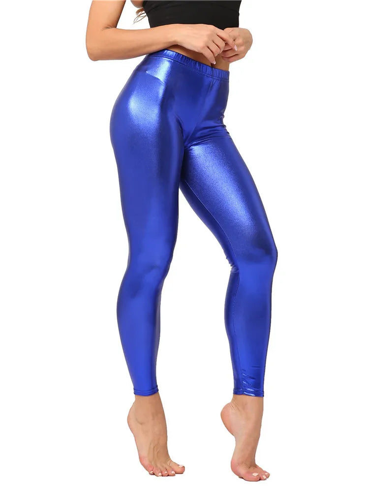 Pink Leggings For Women Metallic Shiny Black Pants Elastic Waist Stretch Fitness Mujer Gym Golden Silve Red Blue Trousers