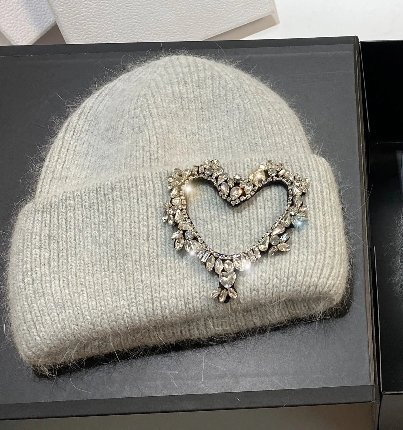 Luxury Heart Rhinestone Winter Beanies Women Solid Color Real Rabbit Fur Knitted Hat Lady Fashion Warm Pullover Caps Gifts light gray Adult