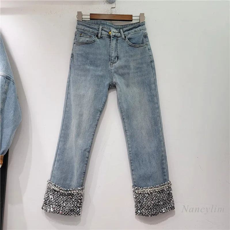 Jeans azules europeos Mujer Otoño e Invierno Nuevos pantalones de rizado de lentejuelas de lentejuelas rectas de costura alta