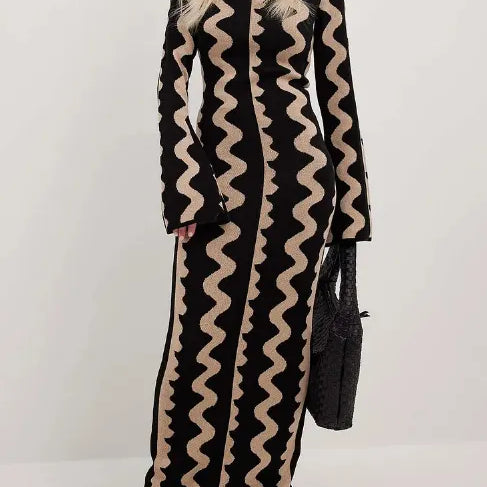 Striped Knitted O-neck Long Sleeve Midi Dresses Elegant Women Bodycon A-line Vestidos Female Fashion Casual Street Maxi Clothes CYC1327-KU