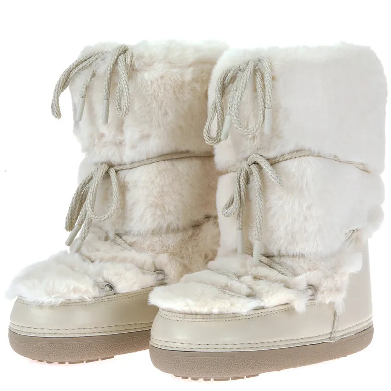 Winter Fur Boots Snow Boots Women Ski Boots Fluffy Hairy Lace Up Middle Calf Platform Flat With White Cotton Boots