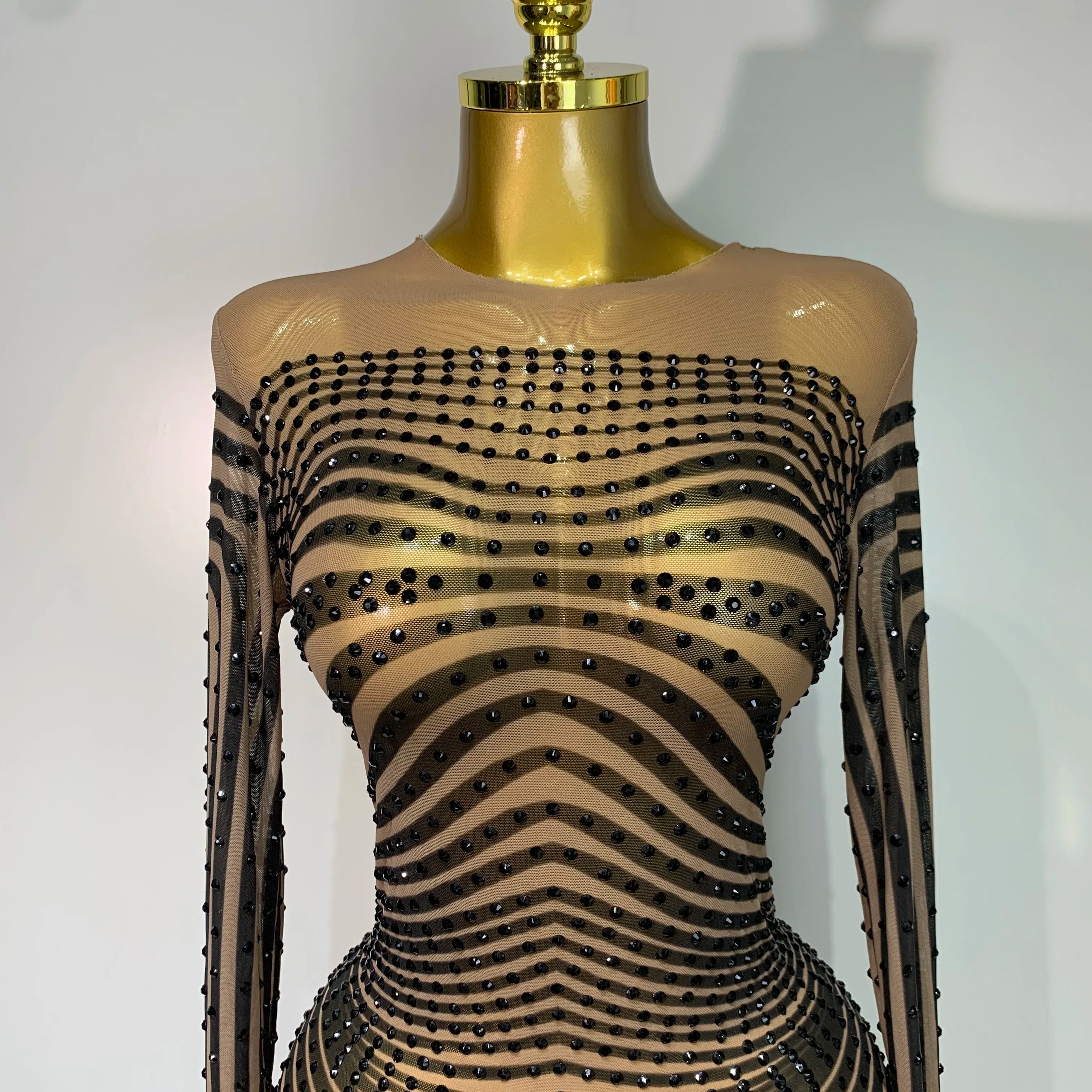 Women Sexy Mesh Perspective Shiny Diamond Dinner Dress Elegant Celebrity Evrning Party BirthdayDress Singer Stage Outfit