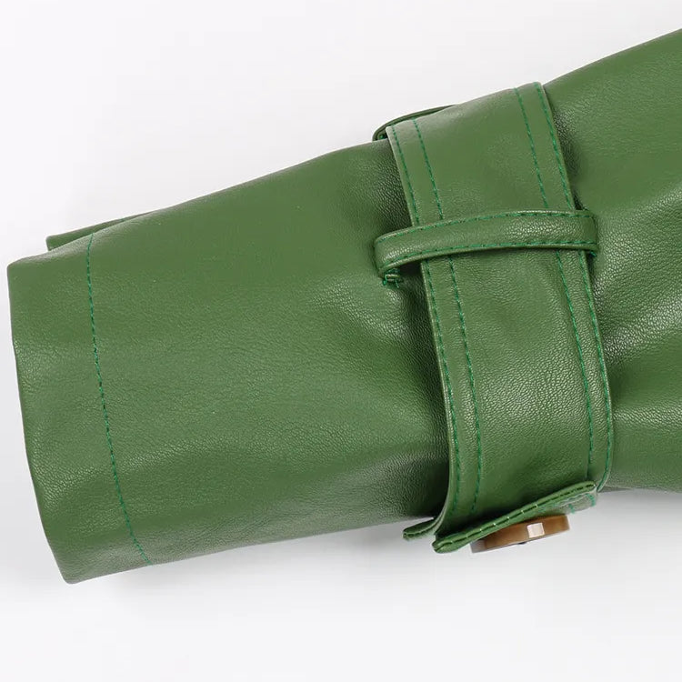 Nerazzurri Autumn Long Cool Green Pu Leather Trench Coat for Women Sashes Single Breasted Stylish Luxury Designer Clothes 2022