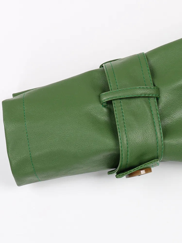 Nerazzurri Autumn Long Cool Green Pu Leather Trench Coat for Women Sashes Single Breasted Stylish Luxury Designer Clothes 2022