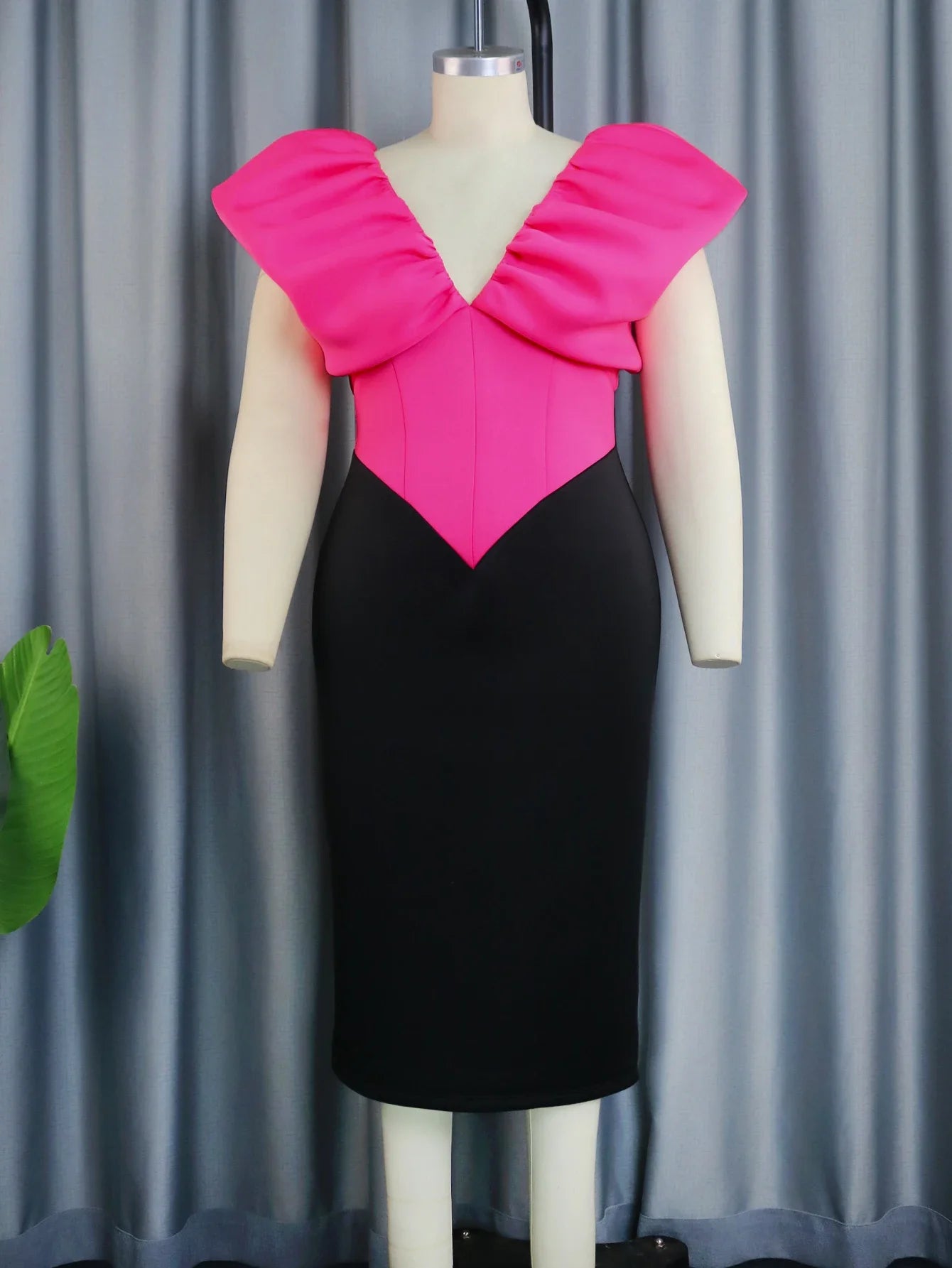 Deep V Neck Party Dress Rose Black Patchwork Sleeveless High Waist Evening Party Large Size Midi Pencil Gowns Outfits for Ladies