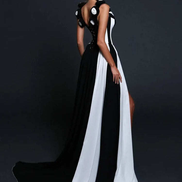 Women Celebrity Sexy V Neck Flower Black White Striped Maxi Long Bodycon Bandage Dress 2025 Elegant Evening Club Party Outfit