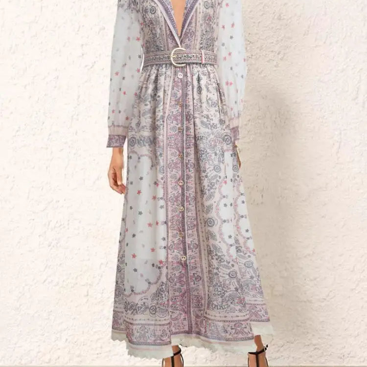 Summer Vintage For Women Printing Dresses Long Sleeve Lapel Single Breasted Chiffon Dress High Waist New Luxury Female Clothing