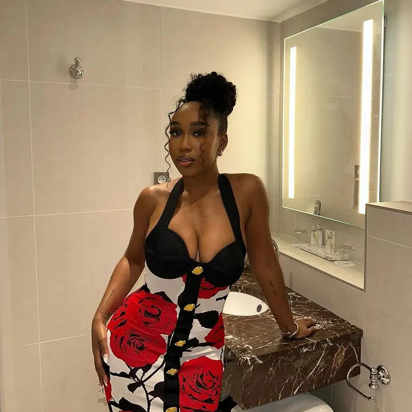 Top Quality Women Sexy Halter Backless Bodycon Mid-calf Bandage Dress Elegant Evening Party Celebrate Dress High Quality