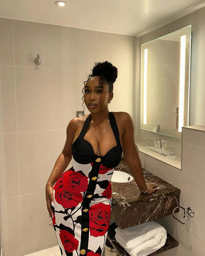 Top Quality Women Sexy Halter Backless Bodycon Mid-calf Bandage Dress Elegant Evening Party Celebrate Dress High Quality