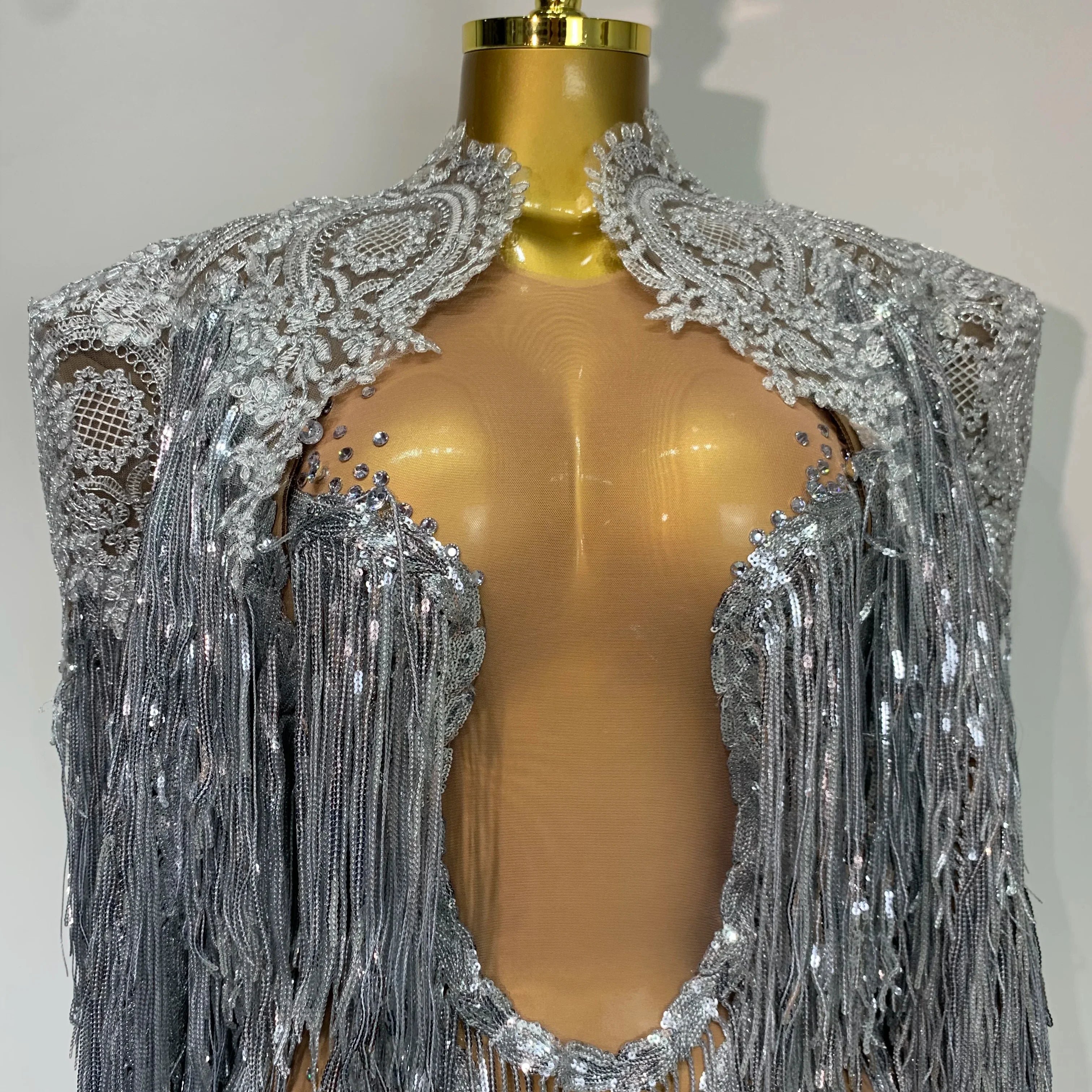Luxury Rhinestones Tassels Mini Dress Suit Women Sexy See Through Mesh Birthday Party Club Dresses Performance Stage Outfit