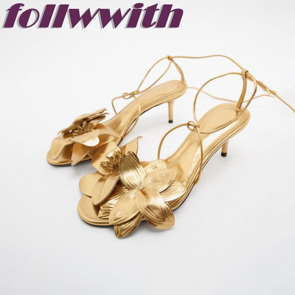 Ladies Solid Red Flowers Lace Up Unique Sexy Sandals Cross Tied Stiletto Heel Party 2024 New Arrival Summer Woman Shoes