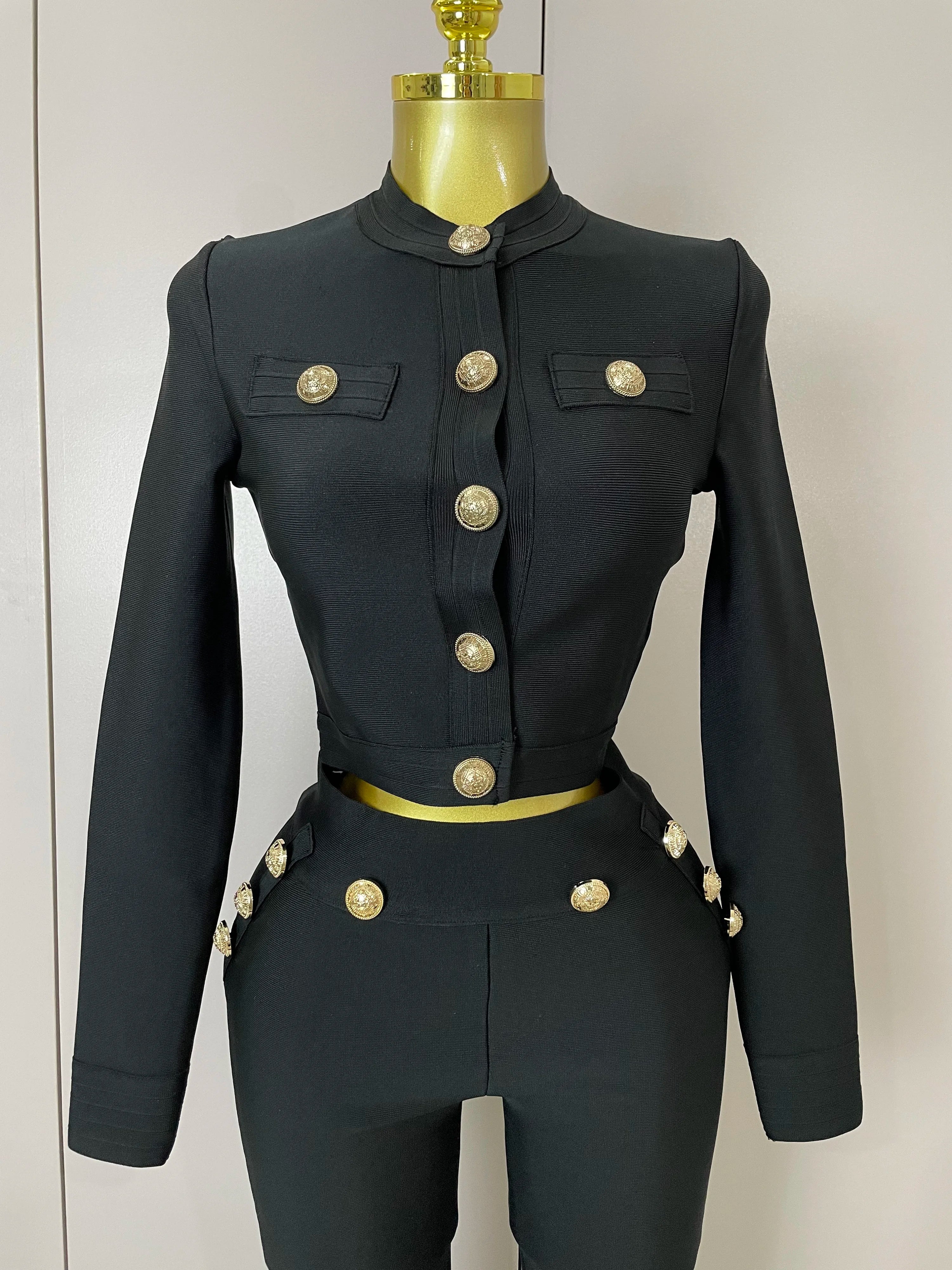 2025 New High Quality Golden Buttons Short Coat Top And Flare Pants  Bandage 2 Pieces Set Woman Celebrity Evening Party Vestidos