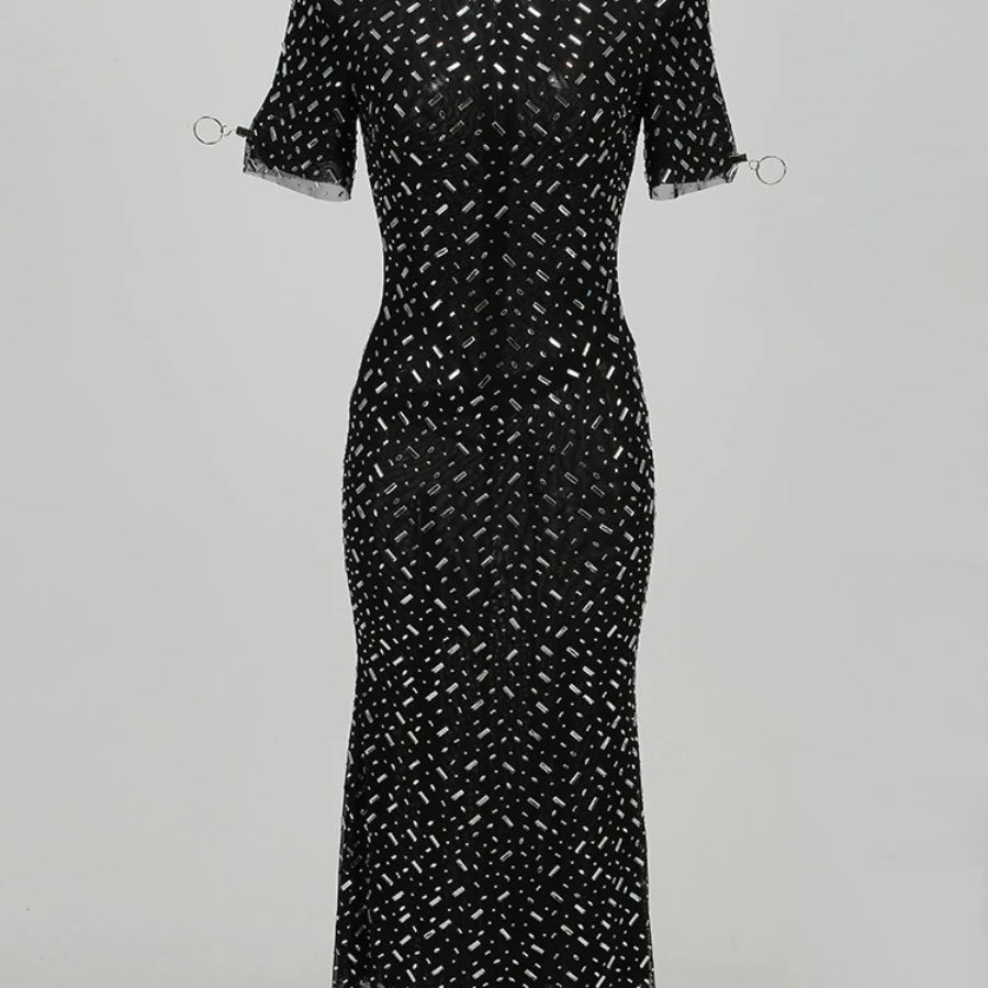 TWOTWINSTYLE Solid Slimming Spliced Stick Drill Dresses for Women Round Neck Short Sleeves Temperament Dress Female Clothing New