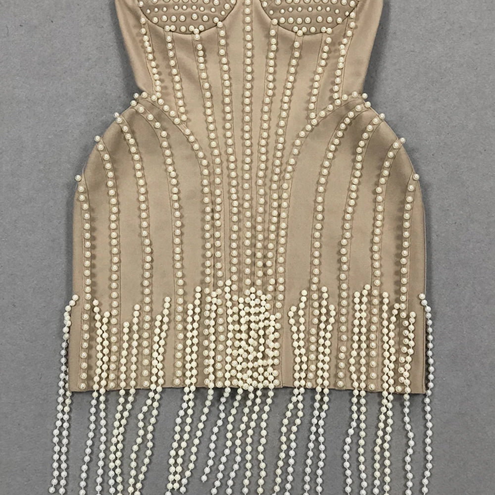 Ladies Luxury Bead Tassels Strapless Backless Design Celebrity Party Club Khaki Sleeveless Sexy Mini Bandage Dress 2025 New