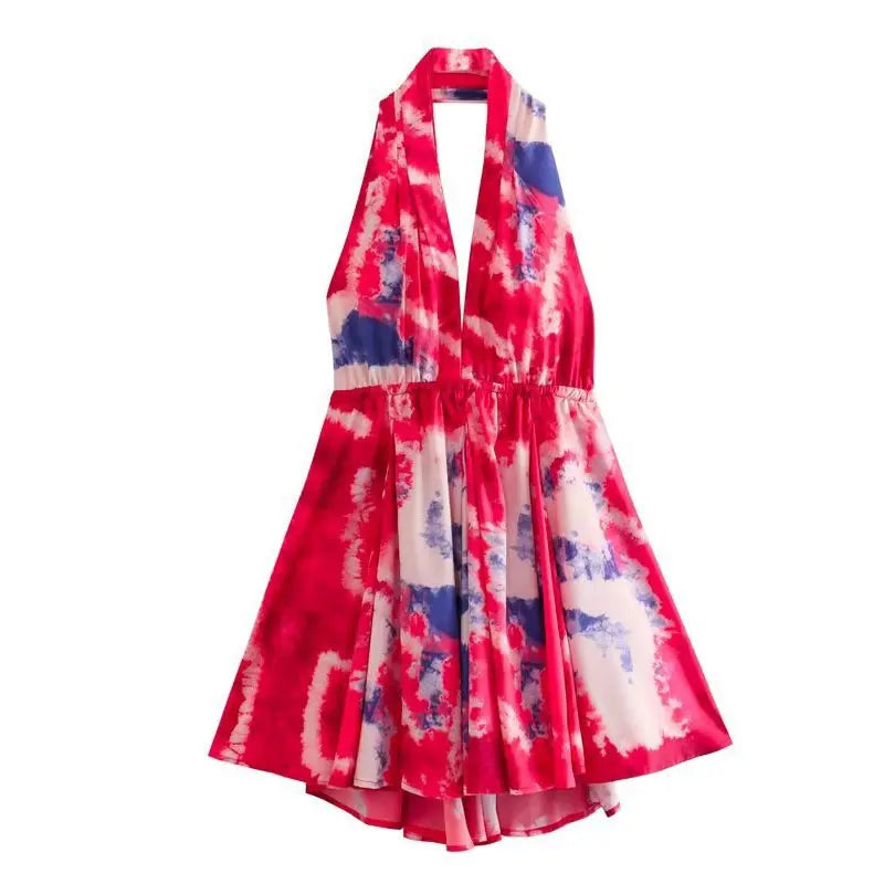 Floral Printed Beach Dress Women Mini Sexy Deep V-neck Backless Halter Female Dresses Summer Vacation Sleeveless Short Robe 01 rose Red