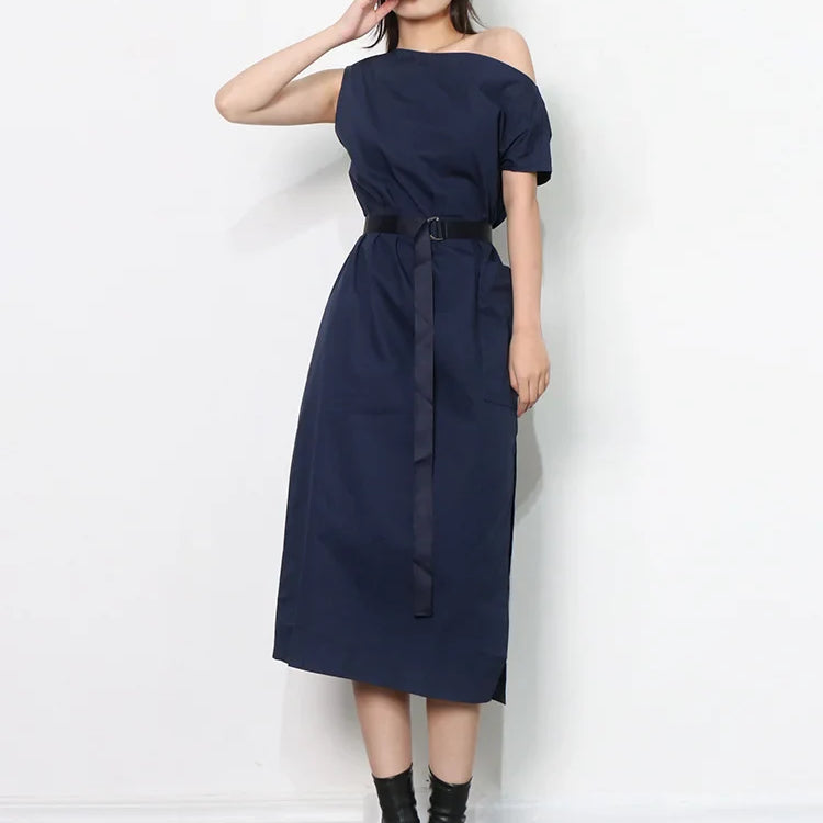 TWOTWINSTYLE Asymmetrical Sashes Dress For Women Slash Neck Short Sleeve High Waist Casual Dresses Female Fashion New Clothing navyBlue One Size