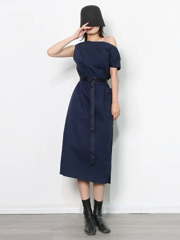 TWOTWINSTYLE Asymmetrical Sashes Dress For Women Slash Neck Short Sleeve High Waist Casual Dresses Female Fashion New Clothing navyBlue One Size