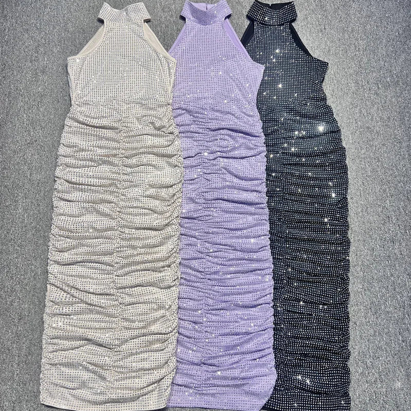 Women Celebrity Sexy Sleeveless Diamonds Backless Ruched Beige Maxi Long Gowns Dress  Elegant Evening Party Club Vestido