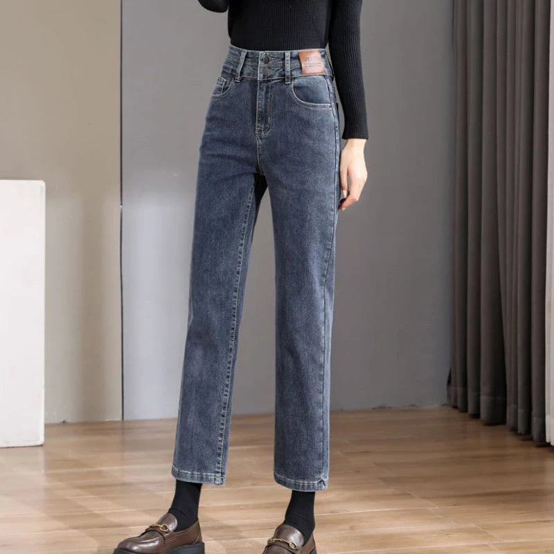 Ladies Denim Jeans High Waist Strecth Slim Straight Brand Double Button Sexy Denim Ninth Pants Blue gray