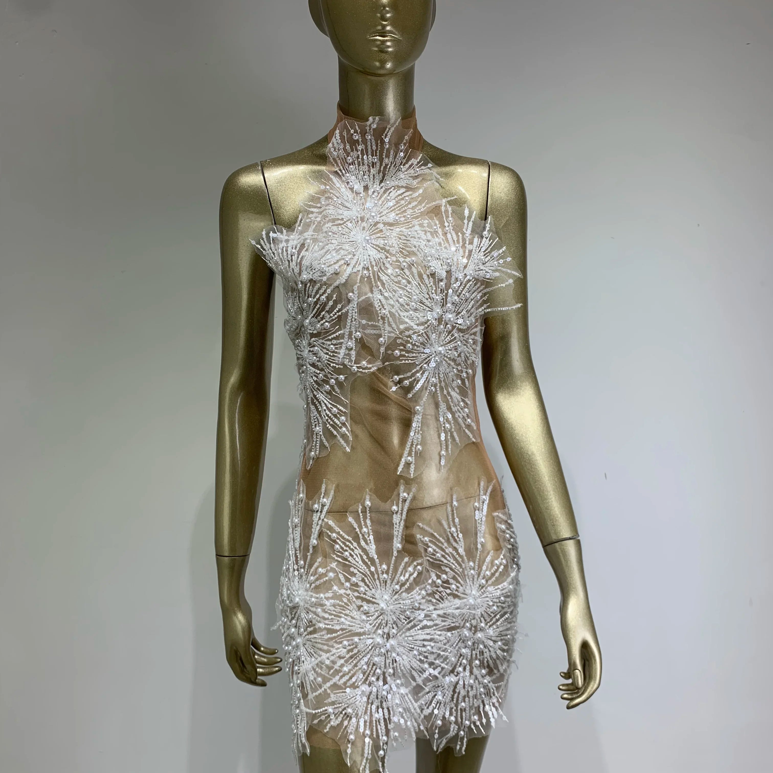 High Quality Women Sexy Off the Shoulder Mesh SeeThrough Bodycon Mini Dress Sequins Nightclub Party Celebrate Dress